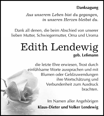 Traueranzeige von Edith Lendewig von Super Sonntag SGH Mansf. Land