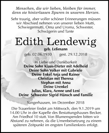 Traueranzeige von Edith Lendewig von Mitteldeutsche Zeitung Aschersleben