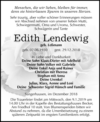 Traueranzeige von Edith Lendewig von Mitteldeutsche Zeitung Sangerhausen