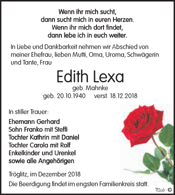 Traueranzeige von Edith Lexa von Super Sonntag Zeitz