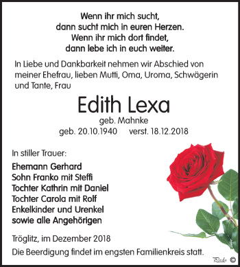 Traueranzeige von Edith Lexa von Mitteldeutsche Zeitung Zeitz