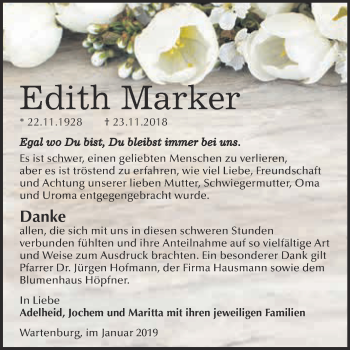 Traueranzeige von Edith Marker von Super Sonntag Wittenberg