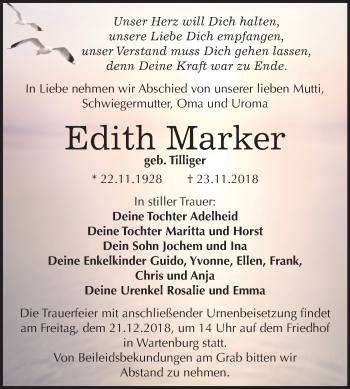 Traueranzeige von Edith Marker von Mitteldeutsche Zeitung Wittenberg