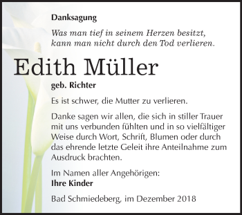 Traueranzeige von Edith Müller von Mitteldeutsche Zeitung Wittenberg