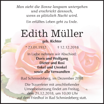 Traueranzeige von Edith Müller von Mitteldeutsche Zeitung Wittenberg
