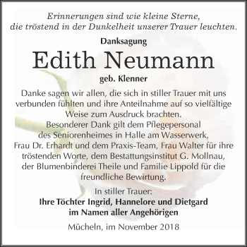 Traueranzeige von Edith Neumann von WVG - Wochenspiegel Merseburg