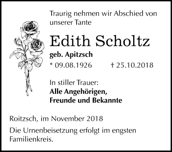 Traueranzeige von Edith Scholtz von Mitteldeutsche Zeitung Bitterfeld