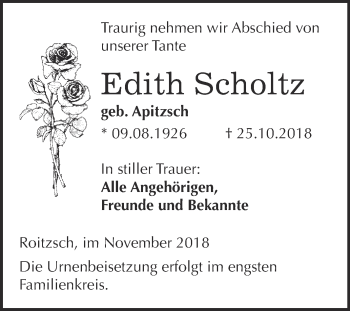 Traueranzeige von Edith Scholtz von WVG - Wochenspiegel Bitterfeld