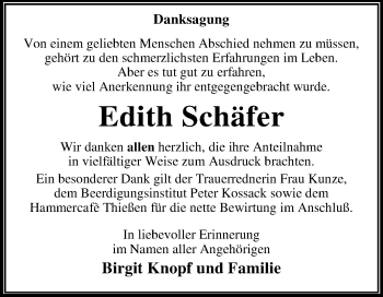 Traueranzeige von Edith Schäfer von Mitteldeutsche Zeitung Dessau-Roßlau