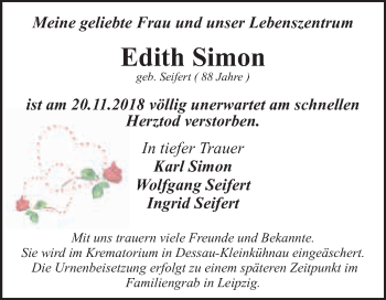 Traueranzeige von Edith Simon von WVG - Wochenspiegel Dessau / Köthen