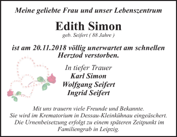 Traueranzeige von Edith Simon von Mitteldeutsche Zeitung Dessau-Roßlau