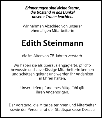 Traueranzeige von Edith Steinmann von Mitteldeutsche Zeitung Dessau-Roßlau