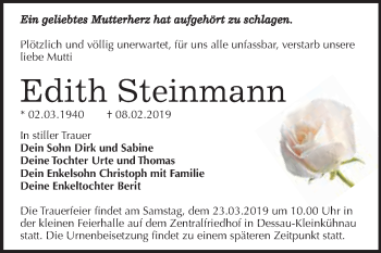 Traueranzeige von Edith Steinmann von WVG - Wochenspiegel Dessau / Köthen