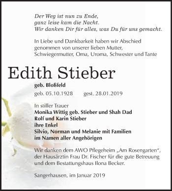 Traueranzeige von Edith Stieber von Super Sonntag SGH Mansf. Land
