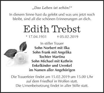 Traueranzeige von Edith Trebst von WVG - Wochenspiegel Bitterfeld