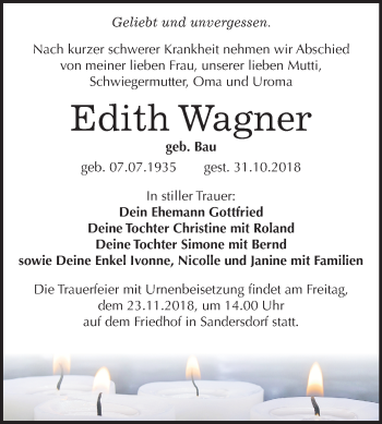 Traueranzeige von Edith Wagner von Mitteldeutsche Zeitung Bitterfeld