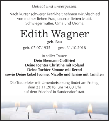 Traueranzeige von Edith Wagner von WVG - Wochenspiegel Bitterfeld