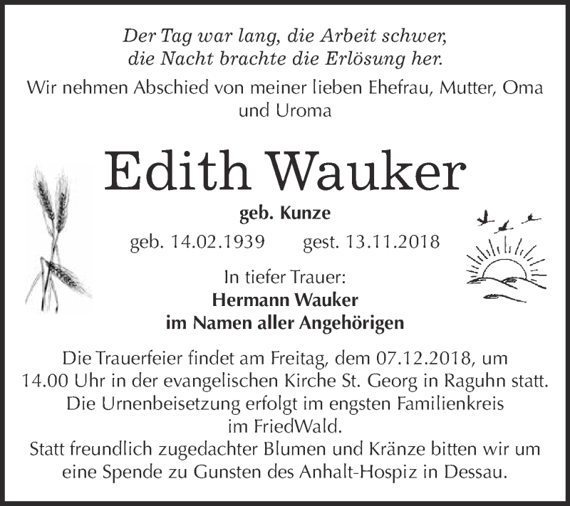  Traueranzeige für Edith Wauker vom 28.11.2018 aus WVG - Wochenspiegel Bitterfeld