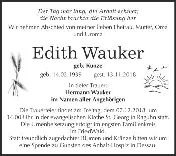 Traueranzeige von Edith Wauker von WVG - Wochenspiegel Bitterfeld