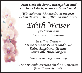 Traueranzeige von Edith Weiser von Super Sonntag Aschersleben