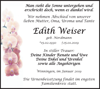 Traueranzeige von Edith Weiser von Mitteldeutsche Zeitung Aschersleben