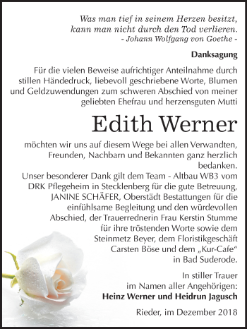 Traueranzeige von Edith Werner von Mitteldeutsche Zeitung Quedlinburg