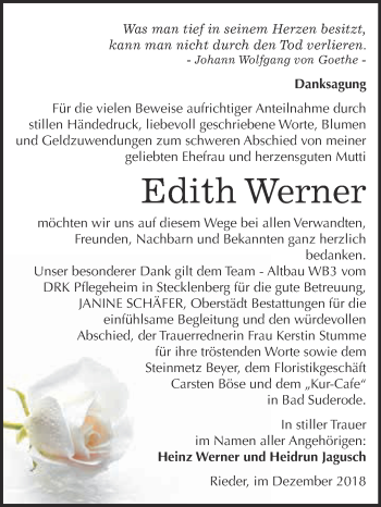 Traueranzeige von Edith Werner von Super Sonntag Quedlinburg