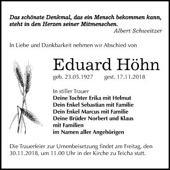 Traueranzeige von Eduard Höhn von Mitteldeutsche Zeitung Halle/Saalkreis