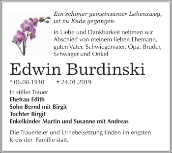 Traueranzeige von Edwin Burdinski von WVG - Wochenspiegel Dessau / Köthen