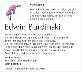 Traueranzeige von Edwin Burdinski von WVG - Wochenspiegel Dessau / Köthen