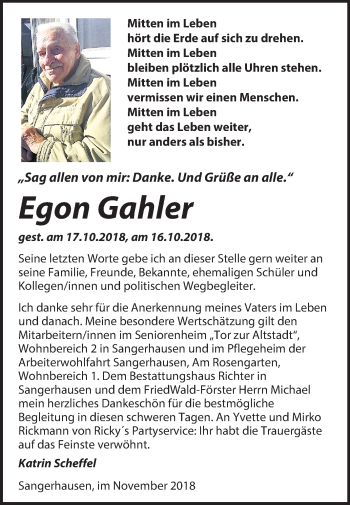 Traueranzeige von Egon Gahler von Mitteldeutsche Zeitung Sangerhausen