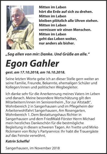 Traueranzeige von Egon Gahler von Super Sonntag SGH Mansf. Land