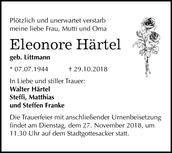 Traueranzeige von Eleonore Härtel von Mitteldeutsche Zeitung Halle/Saalkreis