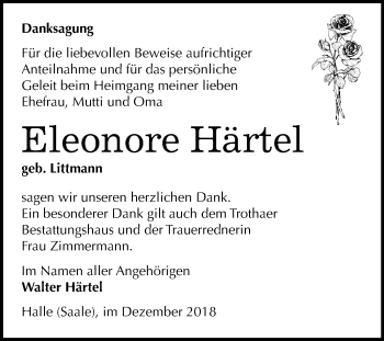 Traueranzeige von Eleonore Härtel von Mitteldeutsche Zeitung Halle/Saalkreis
