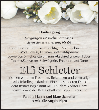Traueranzeige von Elfi Schletter von Mitteldeutsche Zeitung Bitterfeld