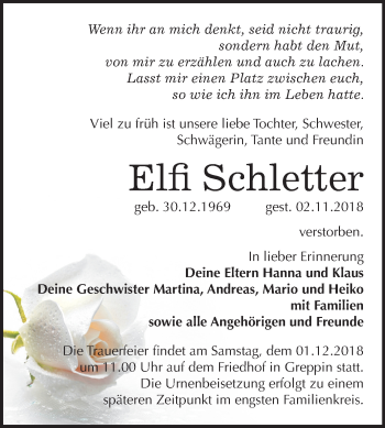 Traueranzeige von Elfi Schletter von Mitteldeutsche Zeitung Bitterfeld