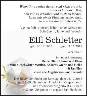 Traueranzeige von Elfi Schletter von WVG - Wochenspiegel Bitterfeld