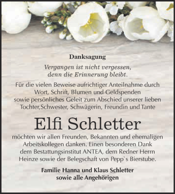 Traueranzeige von Elfi Schletter von WVG - Wochenspiegel Bitterfeld