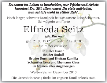 Traueranzeige von Elfrieda Seitz von Mitteldeutsche Zeitung Weißenfels