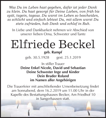 Traueranzeige von Elfriede Beckel von Super Sonntag SGH Mansf. Land