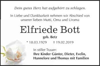 Traueranzeige von Elfriede Bott von WVG - Wochenspiegel NMB / WSF / ZTZ