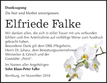 Traueranzeige von Elfriede Falke von Mitteldeutsche Zeitung Bernburg