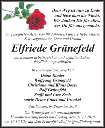 Traueranzeige von Elfriede Grünefeld von Mitteldeutsche Zeitung Quedlinburg
