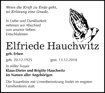 Traueranzeige von Elfriede Hauchwitz von Mitteldeutsche Zeitung Bitterfeld