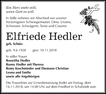 Traueranzeige von Elfriede Hedler von Mitteldeutsche Zeitung Merseburg/Querfurt