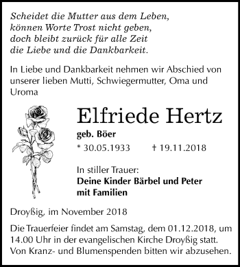 Traueranzeige von Elfriede Hertz von Mitteldeutsche Zeitung Zeitz