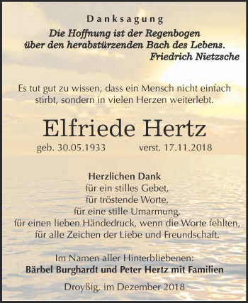 Traueranzeige von Elfriede Hertz von WVG - Wochenspiegel Merseburg
