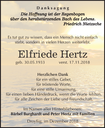 Traueranzeige von Elfriede Hertz von Mitteldeutsche Zeitung Zeitz