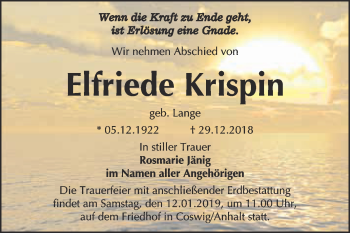 Traueranzeige von Elfriede Krispin von WVG - Wochenspiegel Dessau / Köthen