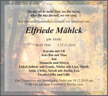 Traueranzeige von Elfriede Mählck von Mitteldeutsche Zeitung Bitterfeld